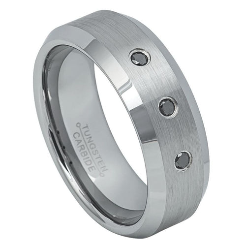7mm Tungsten Carbide Brushed Center Finish Shiny Beveled Edge  With THREE (3) BLACK DIAMONDS Ring