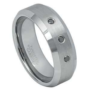 7mm Tungsten Carbide Brushed Center Finish Shiny Beveled Edge  With THREE (3) BLACK DIAMONDS Ring
