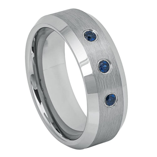 8mm Tungsten Carbide Brushed Center Finish Shiny Beveled Edge  With THREE (3) BLACK DIAMONDS Ring