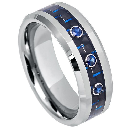 8mm Tungsten Carbide Blue Carbon Fiber Inlay, Beveled Edge  With THREE (3) bezel-set BLUE SAPPHIRES
