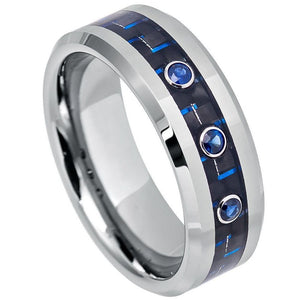 8mm Tungsten Carbide Blue Carbon Fiber Inlay, Beveled Edge  With THREE (3) bezel-set BLUE SAPPHIRES