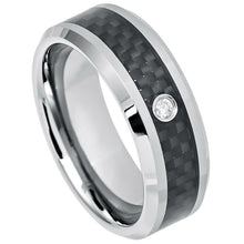 Load image into Gallery viewer, 8mm Tungsten Carbide Black Carbon Fiber Inlay Shiny Beveled Edge With ONE (1) WHITE DIAMOND Ring