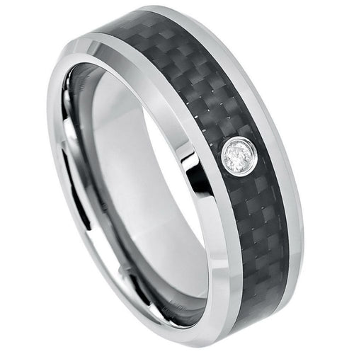 8mm Tungsten Carbide Black Carbon Fiber Inlay Shiny Beveled Edge With ONE (1) WHITE DIAMOND Ring