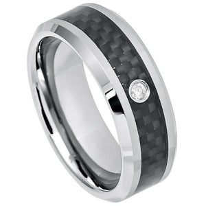 8mm Tungsten Carbide Black Carbon Fiber Inlay Shiny Beveled Edge With ONE (1) WHITE DIAMOND Ring