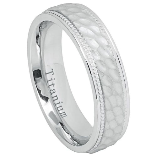 6mm White IP Plated Brushed Dimpled Center Milgrained Edges Wedding Band Ring