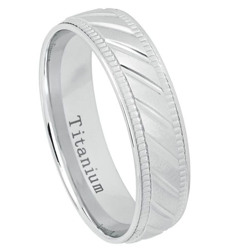6mm White IP Plated Titanium Ring Notched Center 2 sided Milgrain Wedding Band Ring