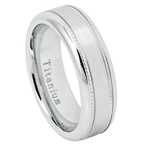 7mm White IP Plated Titanium Ring with Milgrain Sides Wedding Band Ring