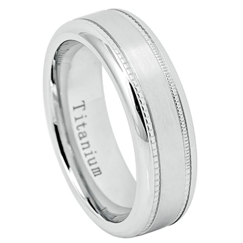 7mm White IP Plated Titanium Ring with Milgrain Sides Wedding Band Ring