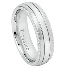 Load image into Gallery viewer, 7mm White IP Plated Titanium Ring Brushed Center Shiny Milgrain Edge Wedding Band Ring