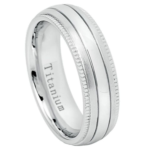 7mm White IP Plated Titanium Ring Brushed Center Shiny Milgrain Edge Wedding Band Ring