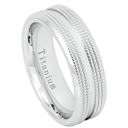 7mm White IP Plated Titanium Ring Shiny Center Double Sided Milgrain Wedding Band Ring