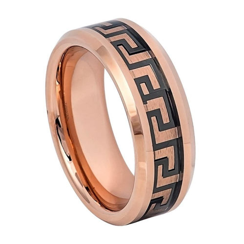 8mm Tungsten Carbide Rose Gold IP High Polished Beveled Edge Greek Key Inlay Wedding Band Ring