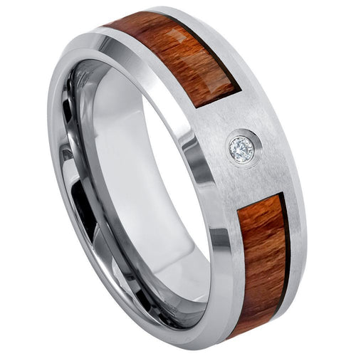8mm Tungsten Carbide Shiny Beveled Edge With ONE (1) bezel-set WHITE DIAMOND Wedding Band Ring