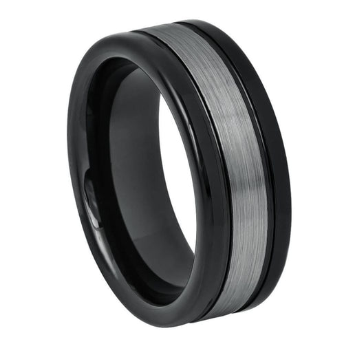 8mm Tungsten Carbide High Polished Shiny Black IP Plated Sides Dark Gray Brushed Center