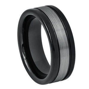8mm Tungsten Carbide High Polished Shiny Black IP Plated Sides Dark Gray Brushed Center