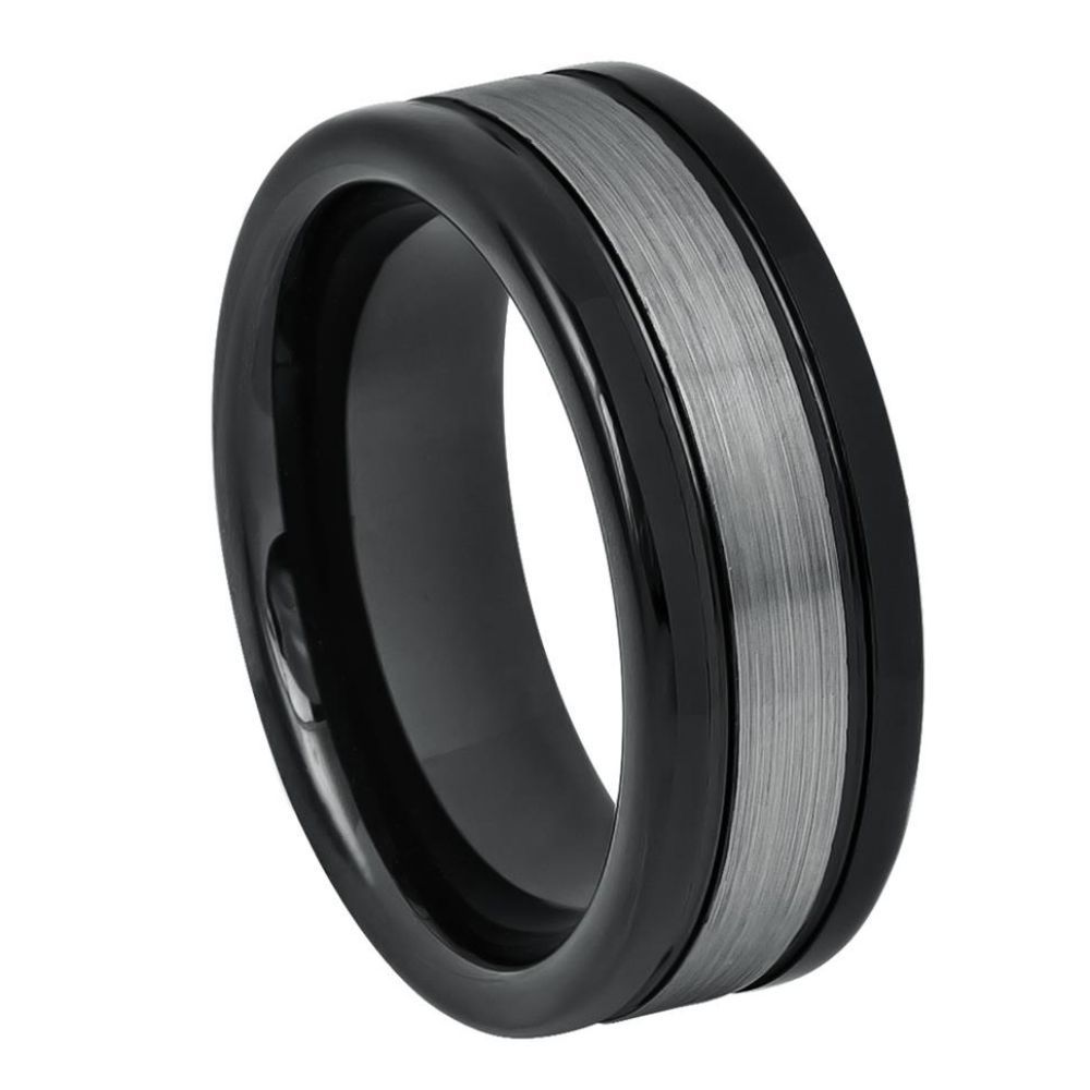 8mm Tungsten Carbide High Polished Shiny Black IP Plated Sides Dark Gray Brushed Center