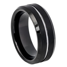 Load image into Gallery viewer, 8mm Tungsten Carbide Two-tone Black IP Brushed with Steel Color Grooved Center Beveled Edge