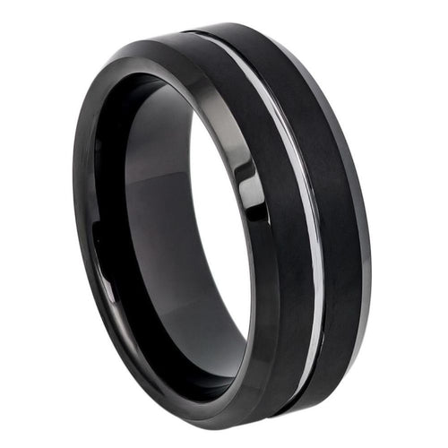 8mm Tungsten Carbide Two-tone Black IP Brushed with Steel Color Grooved Center Beveled Edge
