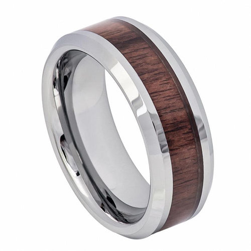 8mm Tungsten Carbide High Polished with Mahogany Wood Inlay Beveled Edge Wedding Band Ring