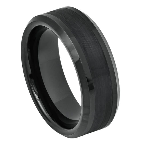 8mm Tungsten Carbide Black IP Plated Brushed Center Shiny Lines on each side Beveled Edge