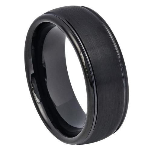 8mm Tungsten Carbide Domed Black IP Plated Brushed Center High Polished Grooved Edge