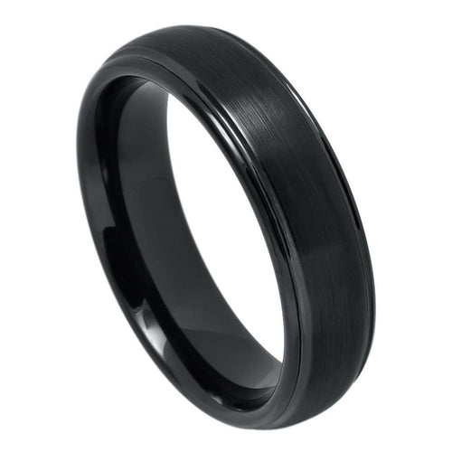 6mm Tungsten Carbide Domed Black IP Plated Brushed Center High Polished Grooved Edge