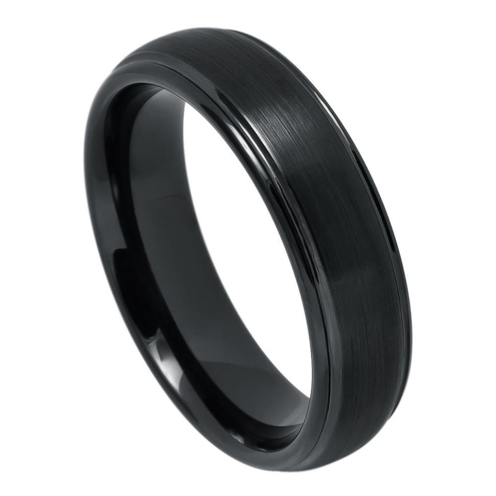 6mm Tungsten Carbide Domed Black IP Plated Brushed Center High Polished Grooved Edge