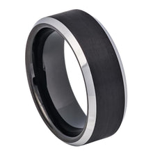 Load image into Gallery viewer, 8mm Tungsten Carbide Black IP Plated Brushed Center High Polished Steel Color Beveled Edge Ring