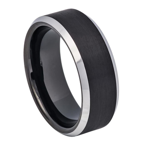 8mm Tungsten Carbide Black IP Plated Brushed Center High Polished Steel Color Beveled Edge Ring