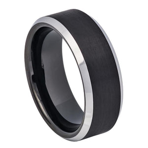 8mm Tungsten Carbide Black IP Plated Brushed Center High Polished Steel Color Beveled Edge Ring