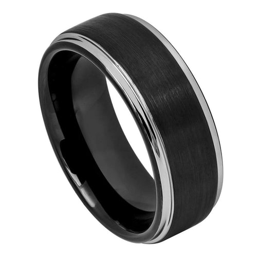 8mm Tungsten Carbide Two-tone Black IP Brushed Center Steel Color Stepped Edge Wedding Band Ring