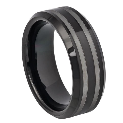 8mm Tungsten Carbide High Polished Black IP Plated Double Line Laser Engraved Beveled Edge Ring