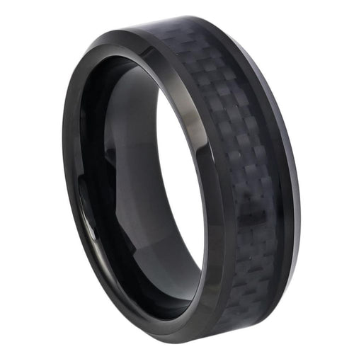 8mm Tungsten Carbide High Polished Black IP Plated with Black Carbon Fiber Inlay Beveled Edge