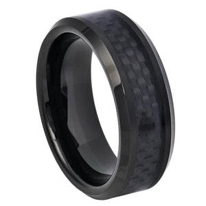 8mm Tungsten Carbide High Polished Black IP Plated with Black Carbon Fiber Inlay Beveled Edge