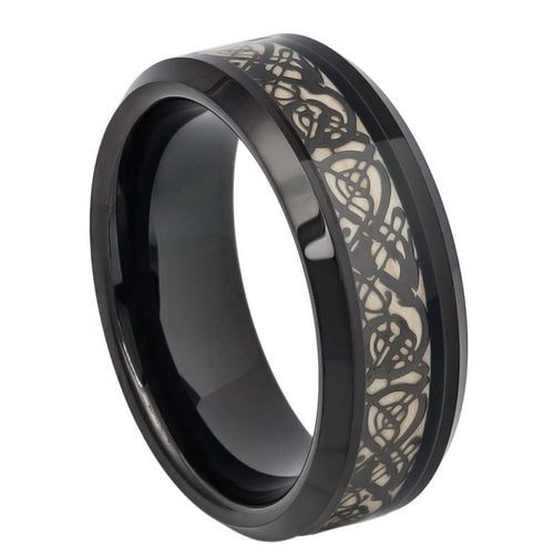 8mm Tungsten Carbide Black IP Celtic Cut-Out Design Inlay Wedding Band Ring