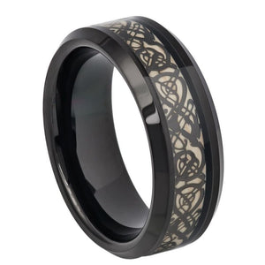 8mm Tungsten Carbide Black IP Celtic Cut-Out Design Inlay Wedding Band Ring