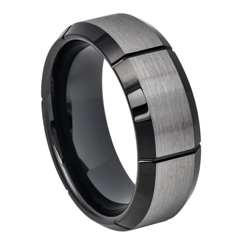 8mm Tungsten Carbide Two-tone Brushed Center with Multiple Vertical Grooves Black IP Beveled Edge