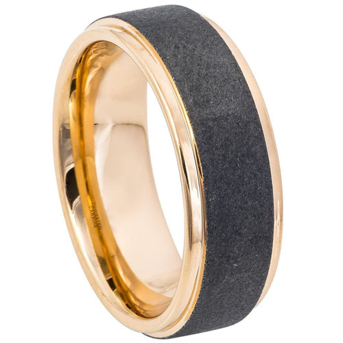 8mm Tungsten Carbide Sandblasted Finish Center Stepped Edge Rose Gold IP Plated Wedding Band Ring
