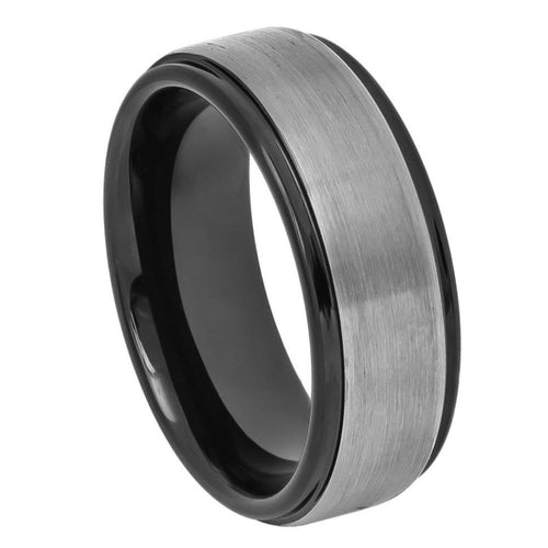 8mm Tungsten Carbide Two-tone Black IP Gun Metal Brushed Center Stepped Edge Wedding Band Ring