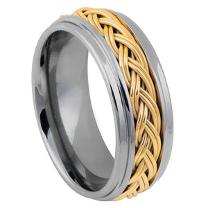 8mm Tungsten Carbide Step Edge High Polished with Yellow Gold IP Plated Double Braid Inlay Ring