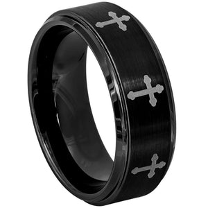 8mm Tungsten Carbide Black IP Plated Flat Brushed Center with 8 Laser Engraved Crosses Wedding Ring