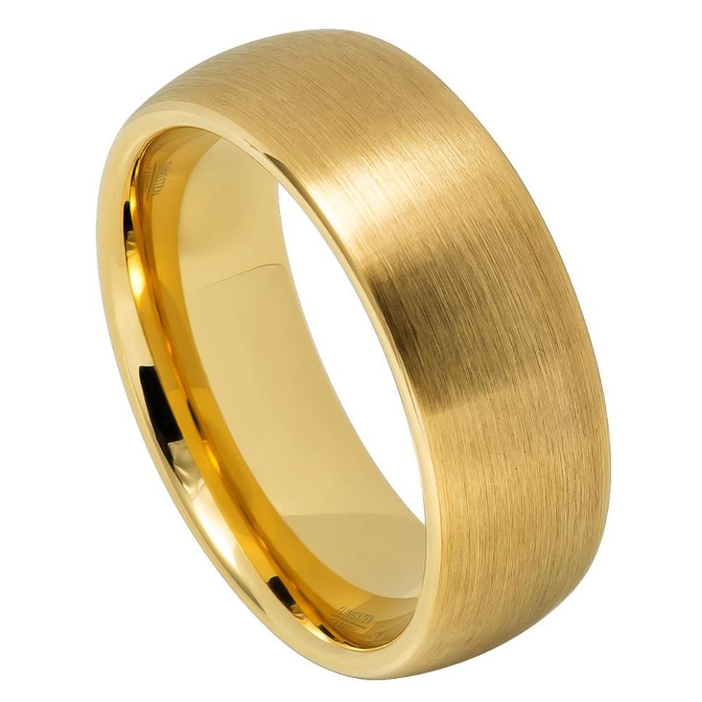 8mm Tungsten Carbide Yellow Gold IP Plated Brushed Domed Classic Style Wedding Band Ring