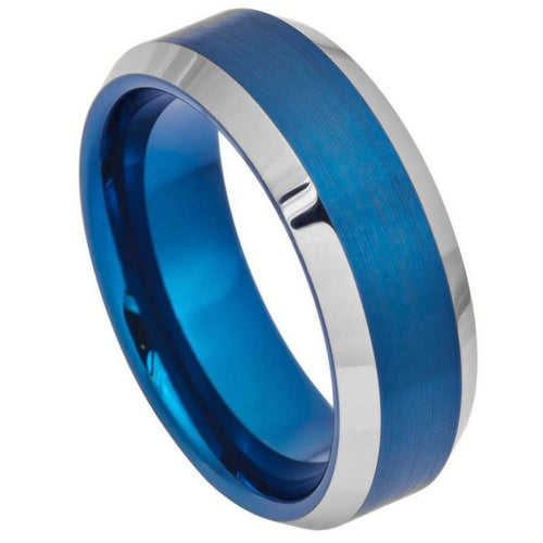 8mm Tungsten Carbide Blue IP Brushed Center High Polished Beveled Edge Wedding Band Ring
