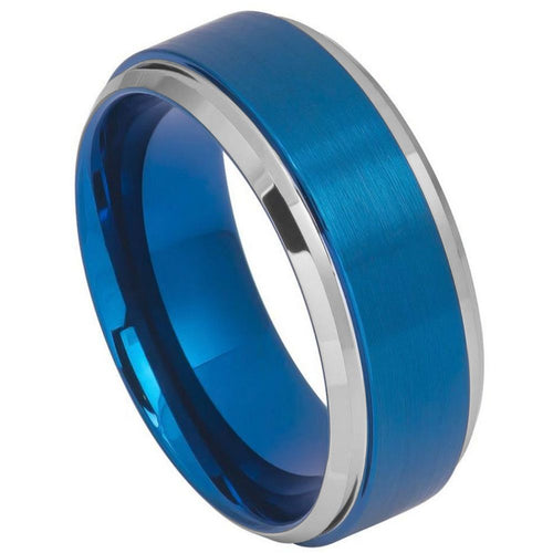 9mm Tungsten Carbide Blue IP Brushed Center High Polished Stepped/Beveled Edge Wedding Band Ring
