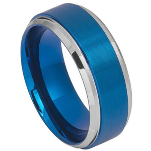 9mm Tungsten Carbide Blue IP Brushed Center High Polished Stepped/Beveled Edge Wedding Band Ring