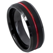 Load image into Gallery viewer, 8mm Tungsten Carbide Red IP Plated Shiny Grooved Center, Black Brushed Beveled Edge Wedding Ring