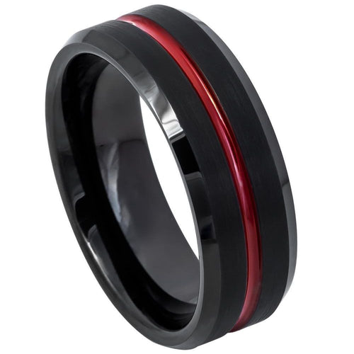 8mm Tungsten Carbide Red IP Plated Shiny Grooved Center, Black Brushed Beveled Edge Wedding Ring
