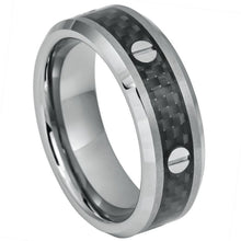 Load image into Gallery viewer, 8mm Tungsten Carbide Screw Accents over Black Carbon Fiber Inlay High Polished Beveled Wedding Ring