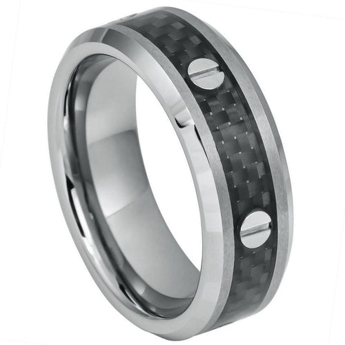 8mm Tungsten Carbide Screw Accents over Black Carbon Fiber Inlay High Polished Beveled Wedding Ring