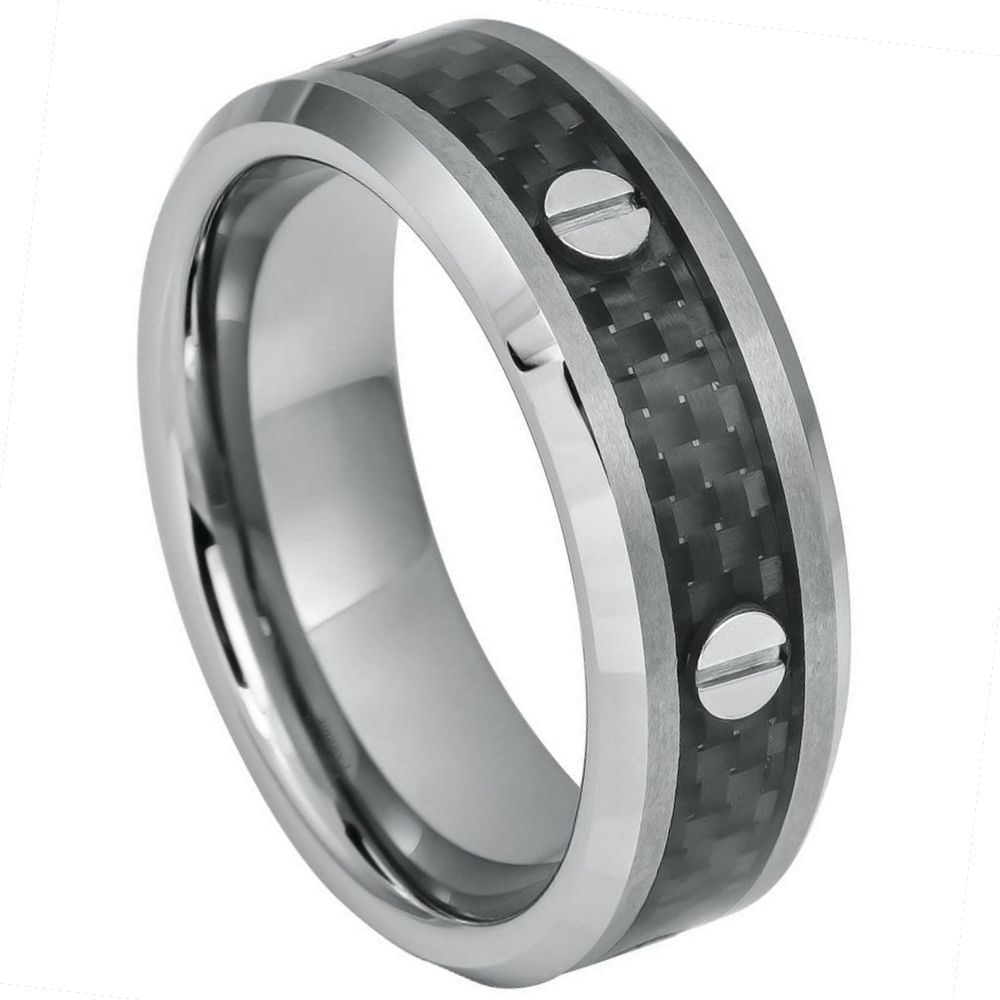 8mm Tungsten Carbide Screw Accents over Black Carbon Fiber Inlay High Polished Beveled Wedding Ring